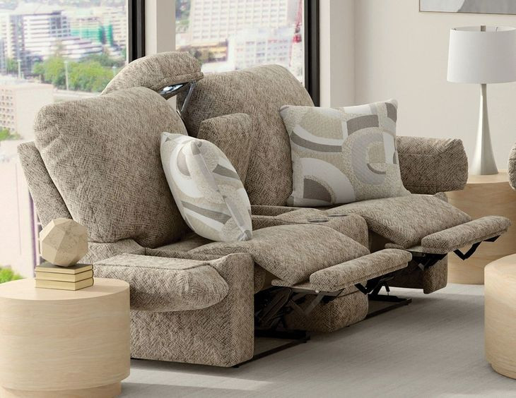 Beacon Mushroom and Porcelain Lay Flat Power Reclining 79" Loveseat with LED and USB Charging