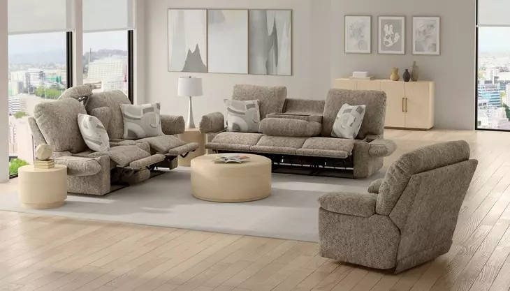 Beacon Mushroom and Porcelain Lay Flat Triple Manual Reclining 88" Sofa with Extended Ottoman