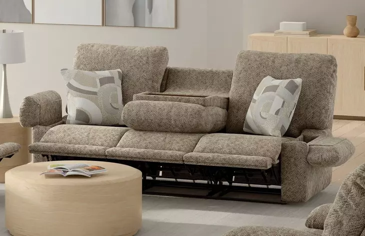 Beacon Mushroom and Porcelain Lay Flat Triple Manual Reclining 88" Sofa with Extended Ottoman