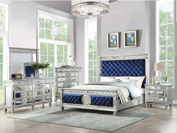 Varian Blue and Silver King Upholstered Panel Bed with Nailhead Trim