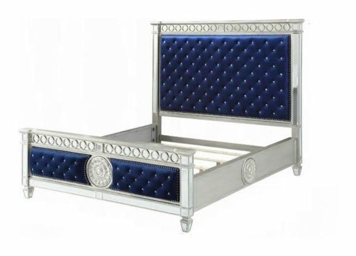 Varian Blue and Silver King Upholstered Panel Bed with Nailhead Trim