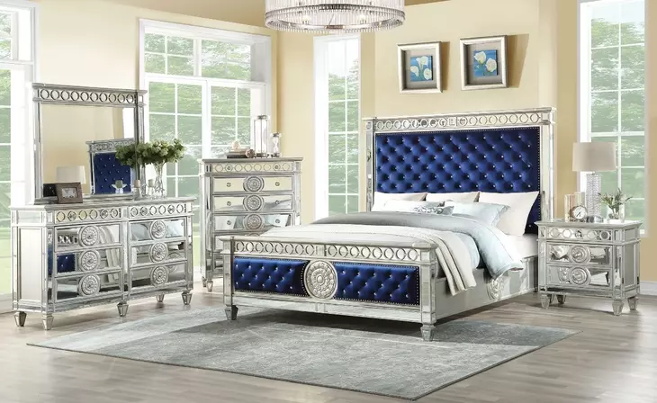 Varian Blue and Silver Queen Upholstered Panel Bed with Nailhead Trim