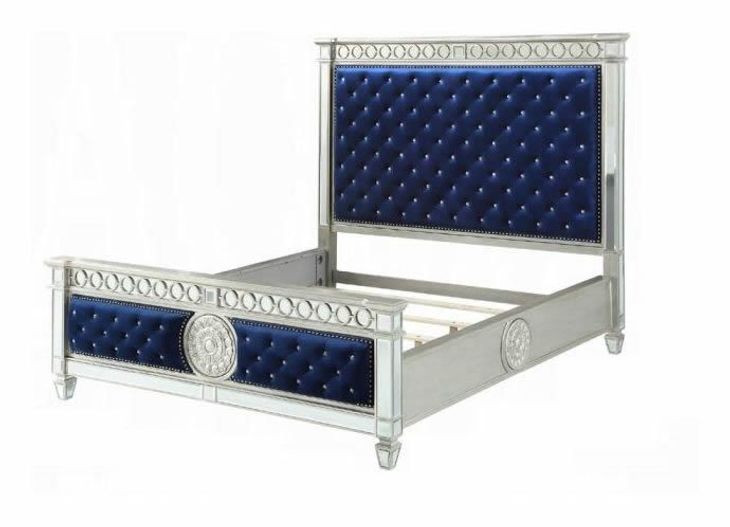 Varian Blue and Silver Upholstered Panel Bedroom Set with Nailhead Trim