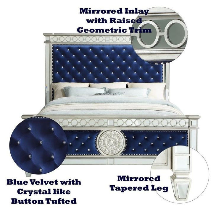 Varian Blue and Silver Queen Upholstered Panel Bed with Nailhead Trim