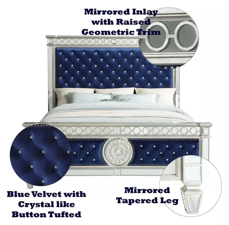 Varian Blue and Silver Queen Upholstered Panel Bed with Nailhead Trim