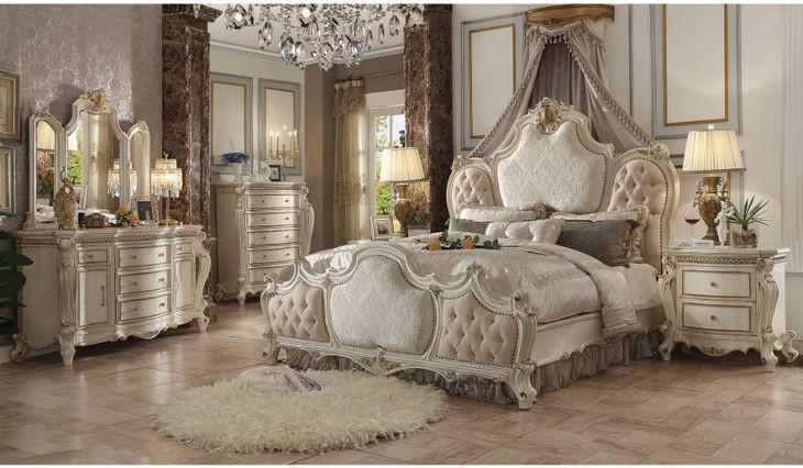 Picardy Beige and Antique Pearl King Upholstered Panel Bed with Nailhead Trim