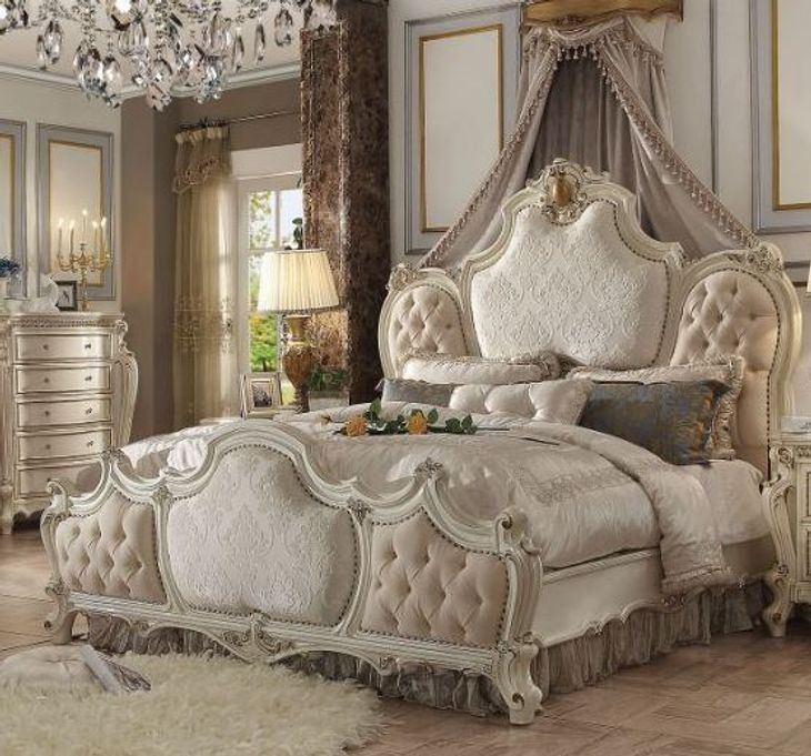 Picardy Beige and Antique Pearl King Upholstered Panel Bed with Nailhead Trim