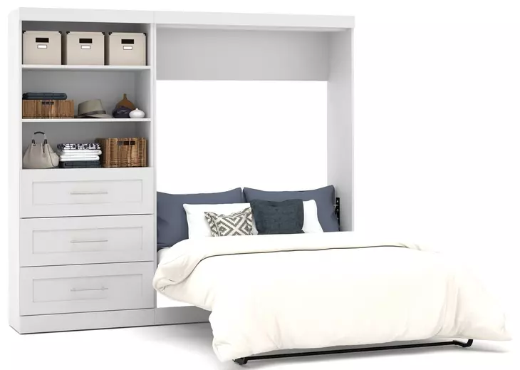 Pur White 95" Full Murphy Bed and Shelving Unit with Drawers