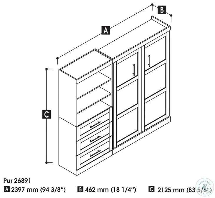 Pur White 95" Full Murphy Bed and Shelving Unit with Drawers