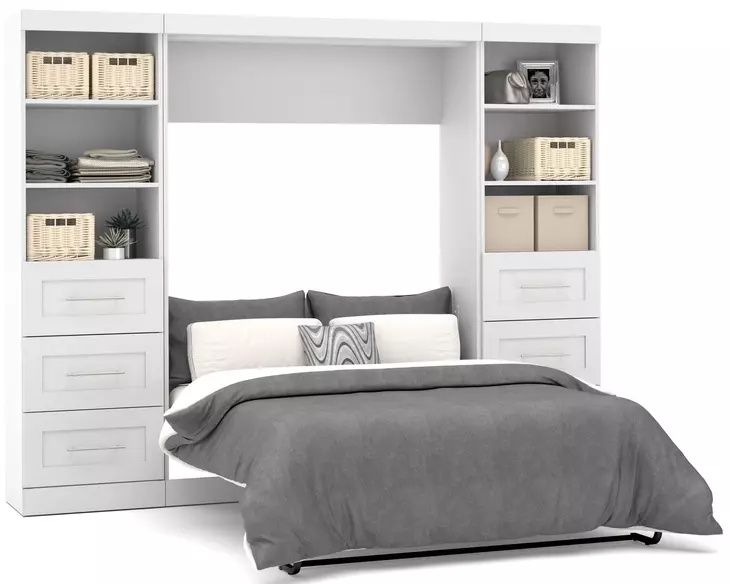 Pur White 109" Full Murphy Bed and 2 Shelving Units with Drawers