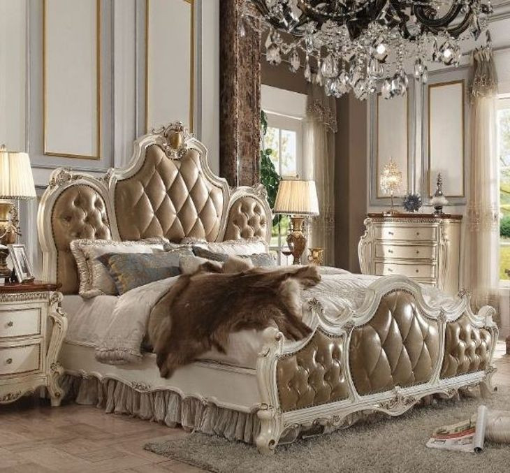 Picardy Butterscotch and Antique Pearl Queen Upholstered Panel Bed with Nailhead Trim