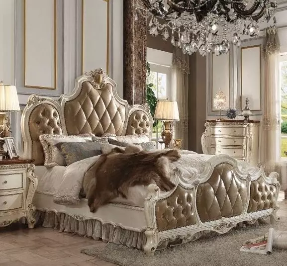 Picardy Butterscotch and Antique Pearl Queen Upholstered Panel Bed with Nailhead Trim