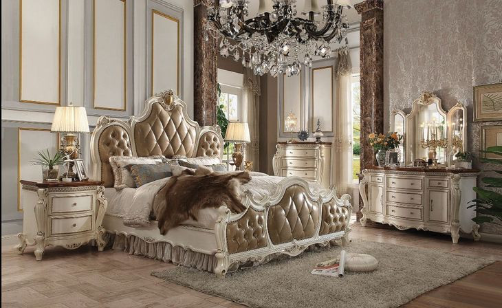 Picardy Butterscotch and Antique Pearl Queen Upholstered Panel Bed with Nailhead Trim