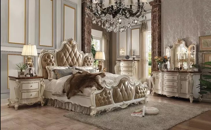 Picardy Butterscotch and Antique Pearl Queen Upholstered Panel Bed with Nailhead Trim