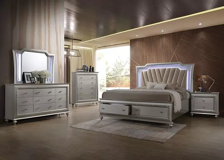 Kaitlyn Gray and Champagne Queen Upholstered Storage Panel Bed with LED