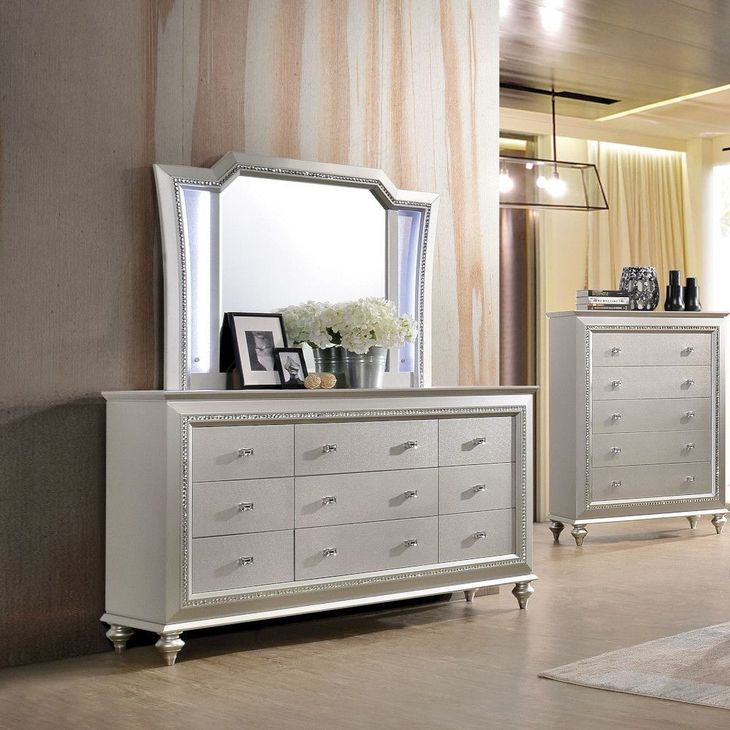 Kaitlyn Champagne Rectangular Dresser Mirror with LED and Nailhead Trim