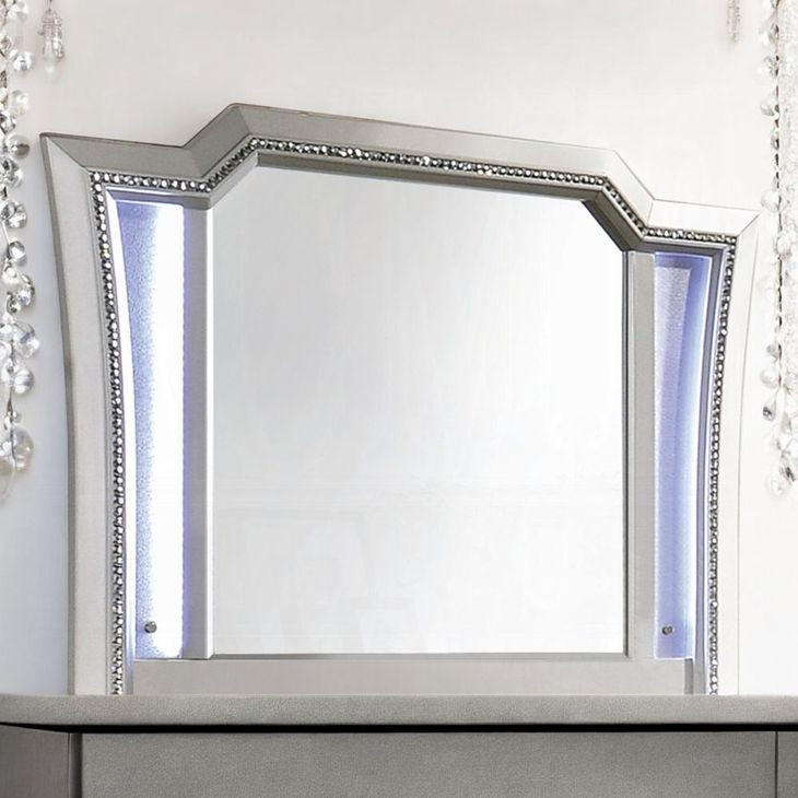 Kaitlyn Champagne Rectangular Dresser Mirror with LED and Nailhead Trim