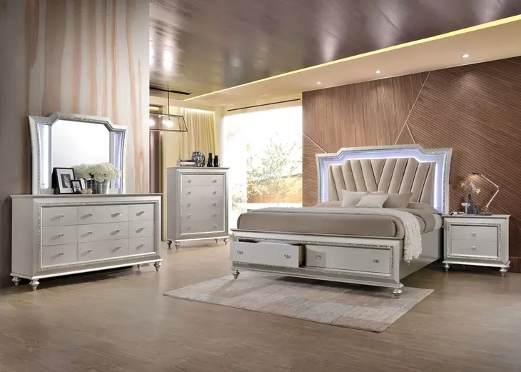 Kaitlyn Champagne Rectangular Dresser Mirror with LED and Nailhead Trim