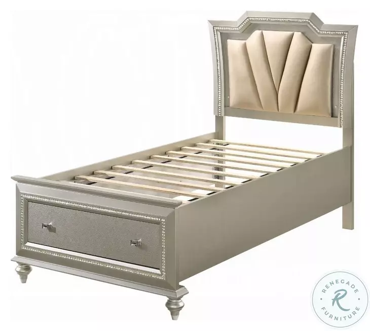 Kaitlyn Synthetic Leather and Champagne Twin Upholstered Storage Bed with LED Lighting