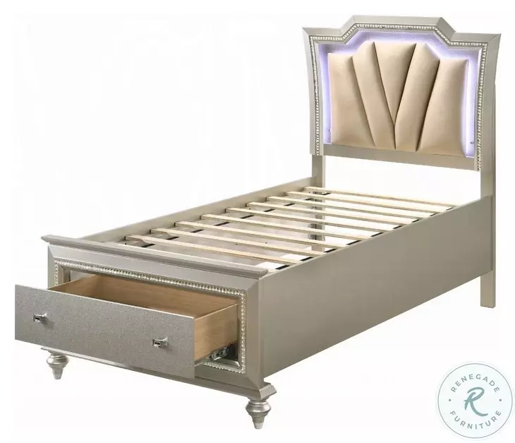 Kaitlyn Synthetic Leather and Champagne Twin Upholstered Storage Bed with LED Lighting