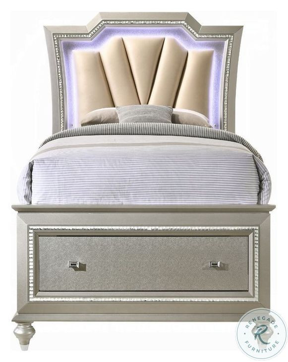 Kaitlyn Synthetic Leather and Champagne Twin Upholstered Storage Bed with LED Lighting