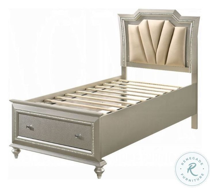 Kaitlyn Synthetic Leather and Champagne Full Upholstered Bed with Storage and LED