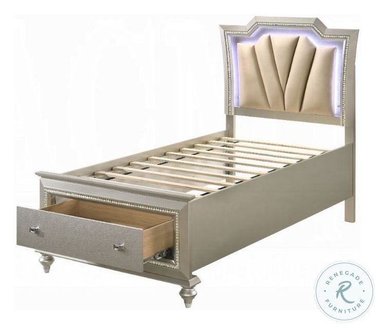Kaitlyn Synthetic Leather and Champagne Full Upholstered Bed with Storage and LED