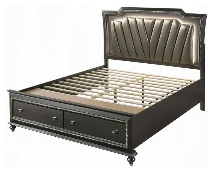 Kaitlyn Gold and Metallic Gray King Upholstered Storage Panel Bed and LED