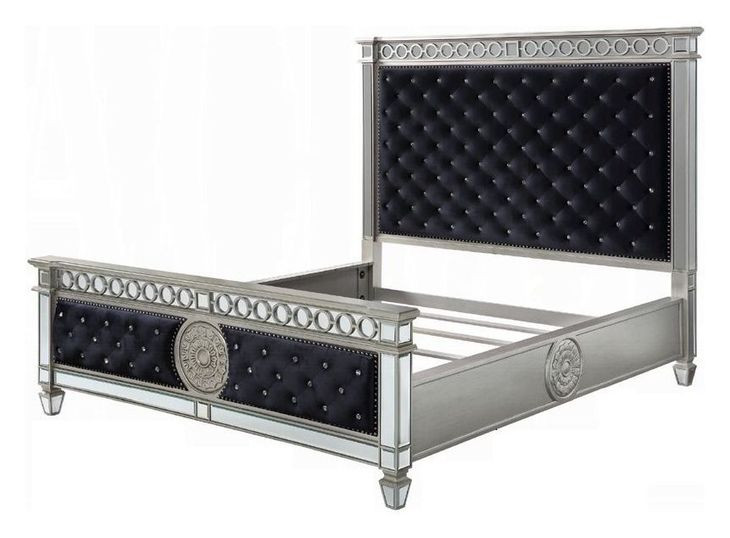 Varian Dark Navy and Silver Queen Upholstered Panel Bed with Nailhead Trim