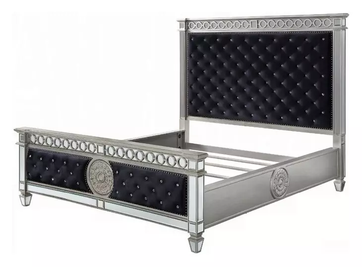 Varian Dark Navy and Silver Queen Upholstered Panel Bed with Nailhead Trim