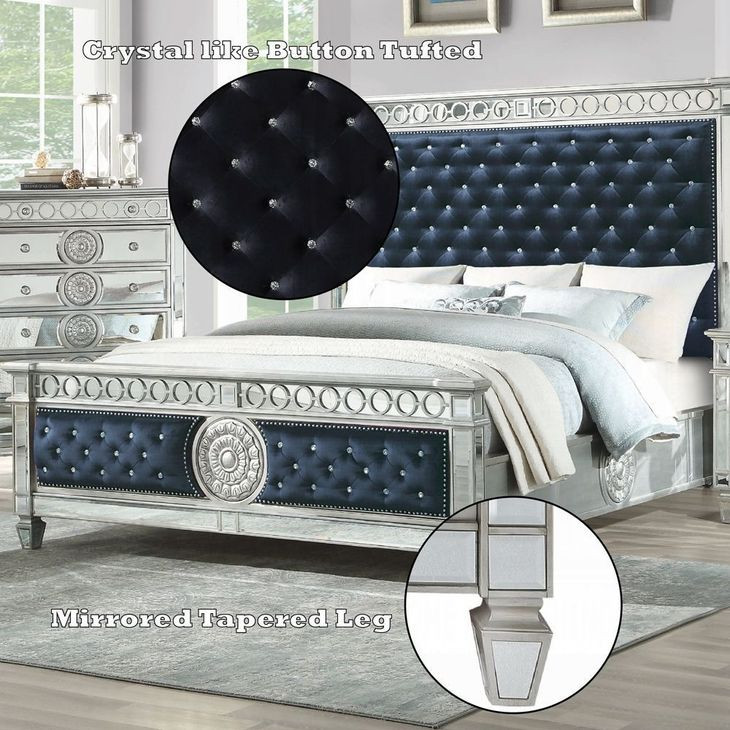 Varian Dark Navy and Silver Queen Upholstered Panel Bed with Nailhead Trim
