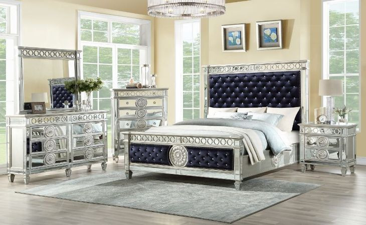 Varian Dark Navy and Silver Queen Upholstered Panel Bed with Nailhead Trim