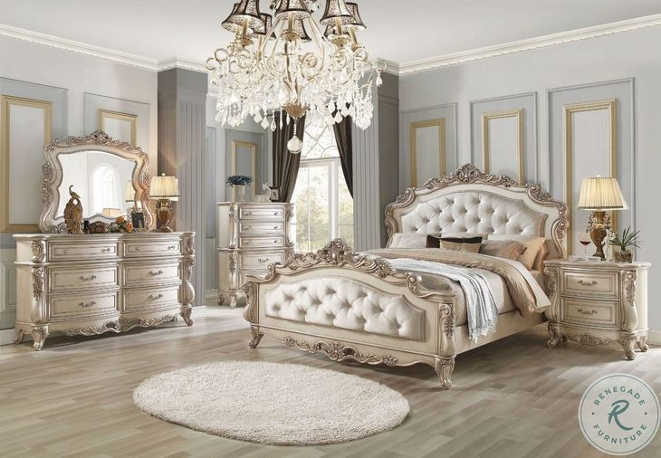 Gorsedd Fabric and Golden Ivory Queen Upholstered Panel Bed