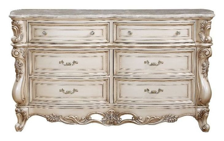 Gorsedd Beige and Golden Ivory 6 Drawer Marble Top Dresser