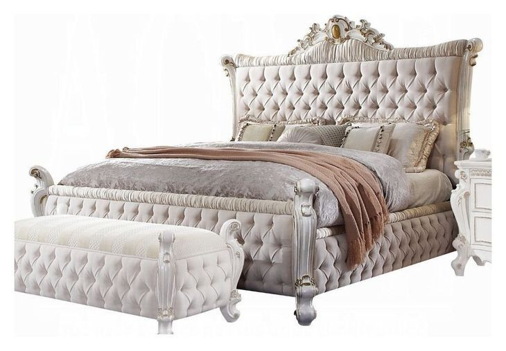 Picardy Antique Pearl Queen Upholstered Panel Bed with Nailhead Trim