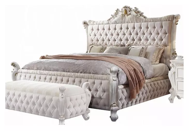 Picardy Antique Pearl Queen Upholstered Panel Bed with Nailhead Trim
