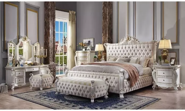 Picardy Antique Pearl Queen Upholstered Panel Bed with Nailhead Trim