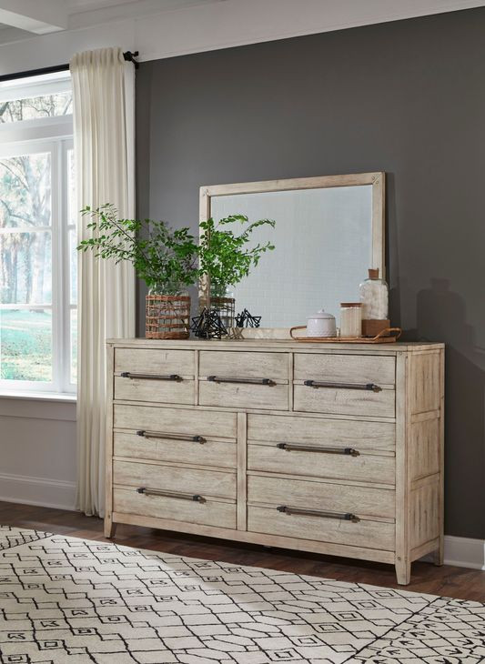 Aurora Whitewash 7 Drawer Dresser and Rectangular Mirror