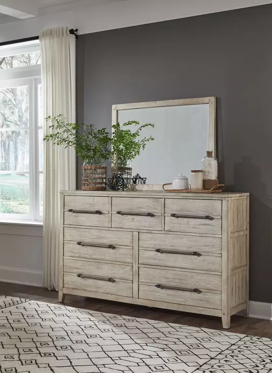 Aurora Whitewash 7 Drawer Dresser and Rectangular Mirror
