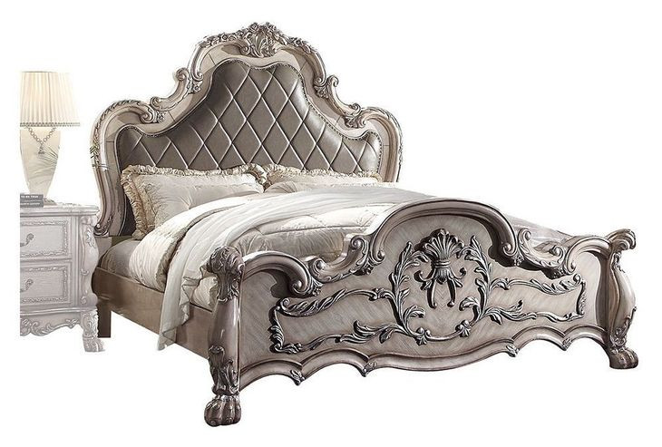 Dresden Vintage Bone White and Gray King Upholstered Panel Bed with Nailhead Trim