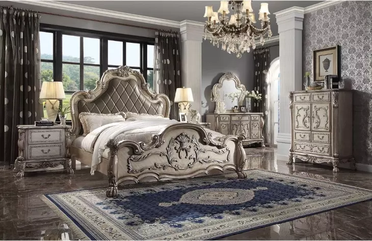 Dresden Vintage Bone White and Gray Upholstered Panel Bedroom Set
