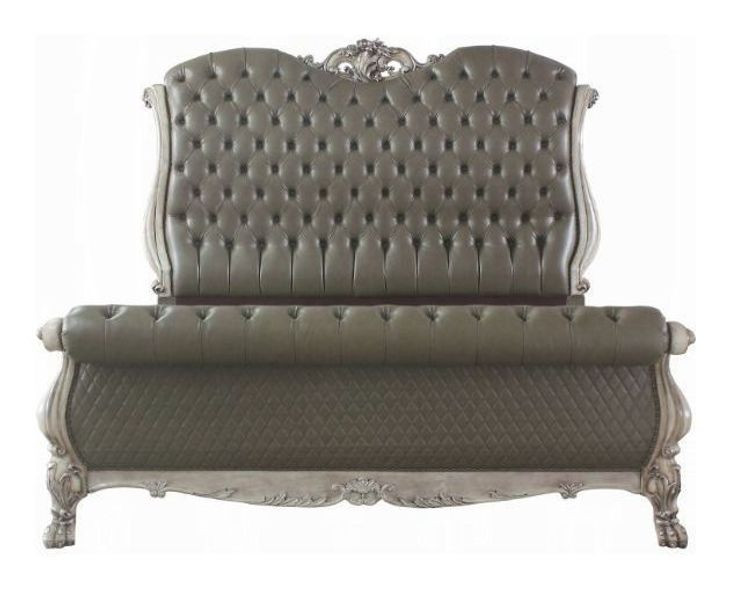 Dresden Vintage Bone White and Gray Queen Upholstered Sleigh Bed with Nailhead Trim