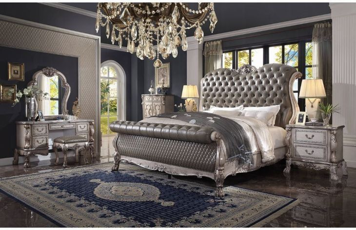 Dresden Vintage Bone White and Gray Queen Upholstered Sleigh Bed with Nailhead Trim