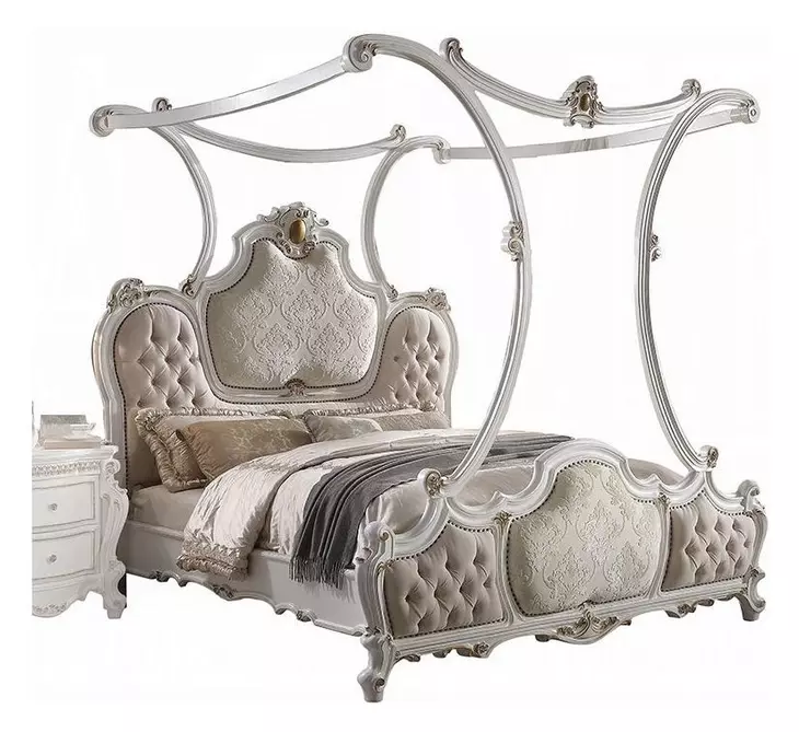 Picardy Beige and Antique Pearl King Upholstered Poster Bed with Nailhead Trim