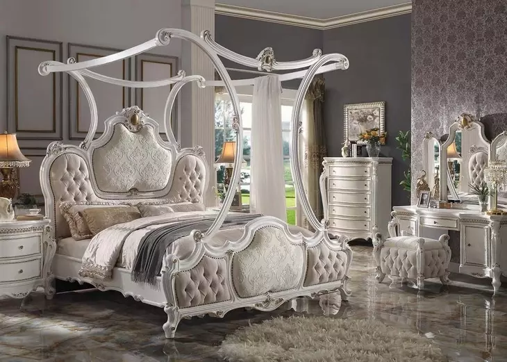 Picardy Beige and Antique Pearl King Upholstered Poster Bed with Nailhead Trim