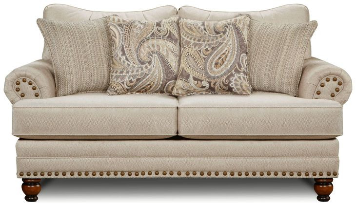 Cary's Doe Beige 78" Loveseat with Nailhead Trim and Throw Pillows