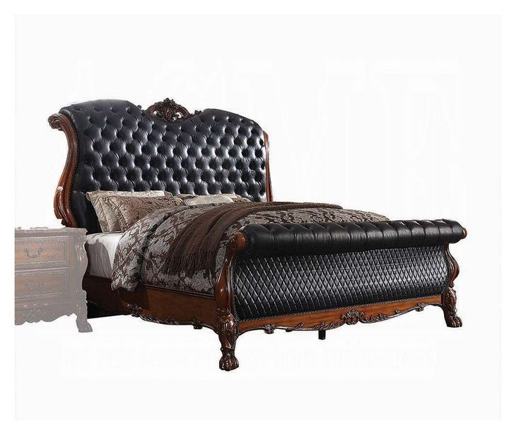 Dresden Black and Cherry Oak King Upholstered Sleigh Bed with Nailhead Trim