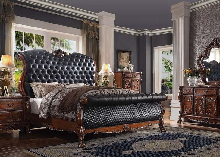 Dresden Black and Cherry Oak King Upholstered Sleigh Bed with Nailhead Trim