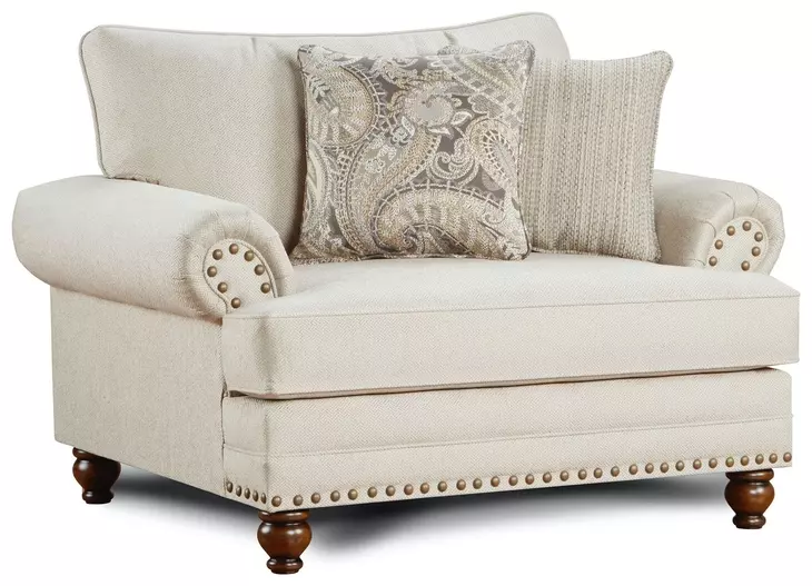 Carys Doe Beige Upholstered Chair and A Half with Pillows and Nailhead Trim