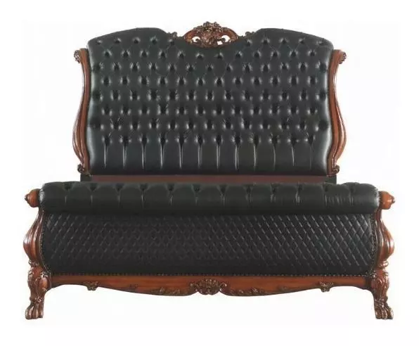 Dresden Black and Cherry Oak Queen Upholstered Sleigh Bed with Nailhead Trim